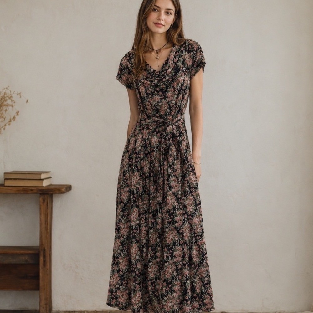 Vintage 90s Virgo II Maxi Dress Womens M Calico Floral Grunge Cowl Neck Belted